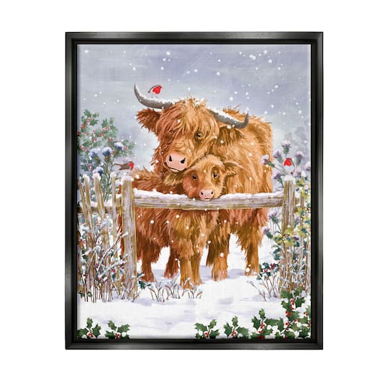 Stupell Industries Winter Cattle Cuddling Snow Scene Framed Floater Canvas Wall Art